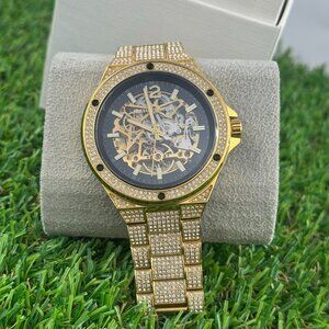 Pre-owned Lennox Pave Gold Black Automatic Skeleton Mens Watch Mk9151